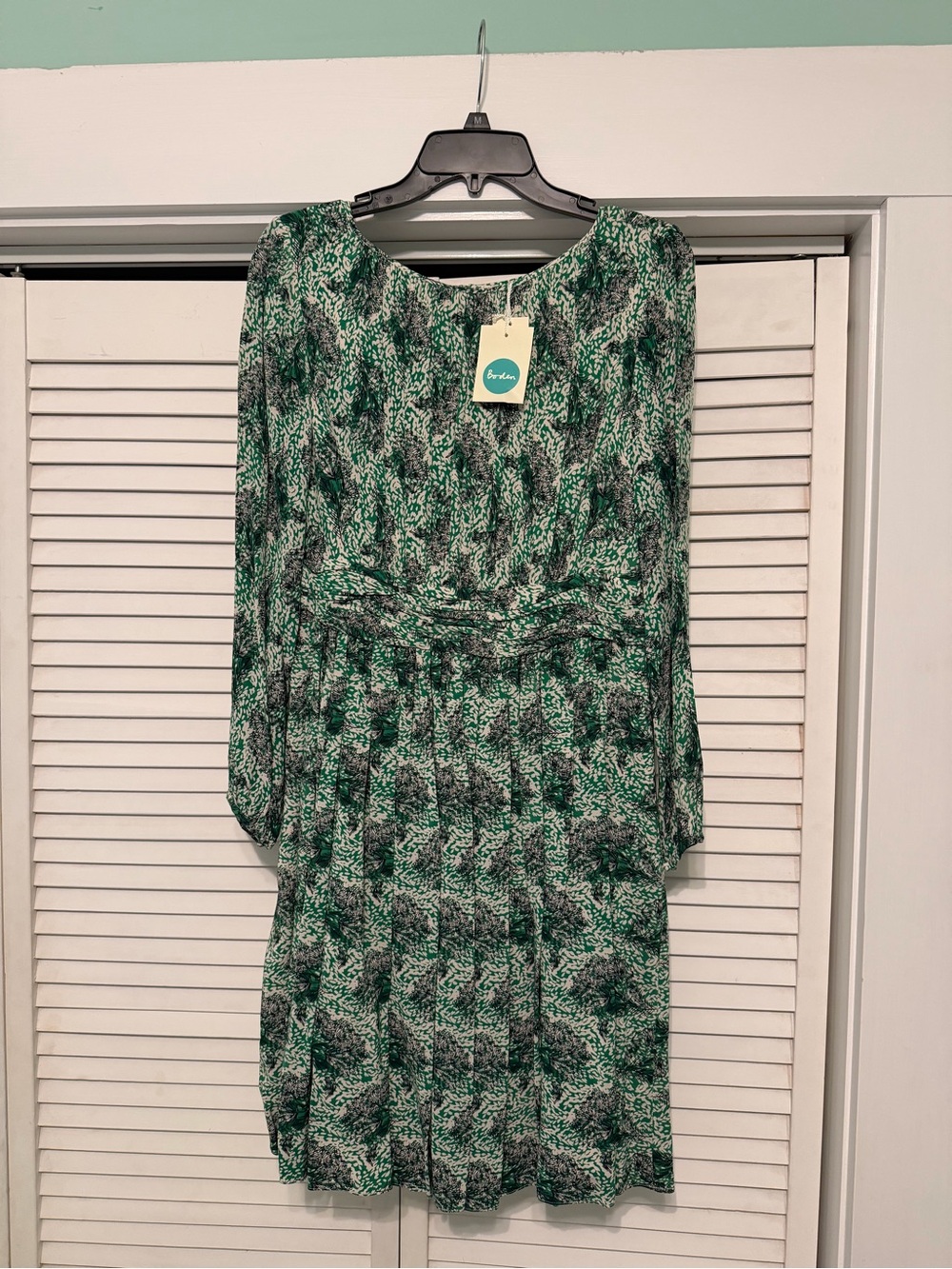 Boden Green and Navy Printed Long-Sleeve Waisted Dress